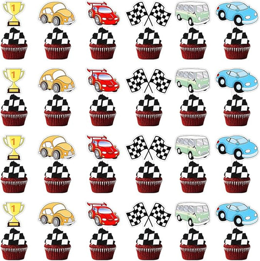 24pcs Car Cupcake Toppers, Race Car Birthday Party Supplies Black White Checkered Flag Cake Decorations Racing Theme Party Favors for Boys Kids