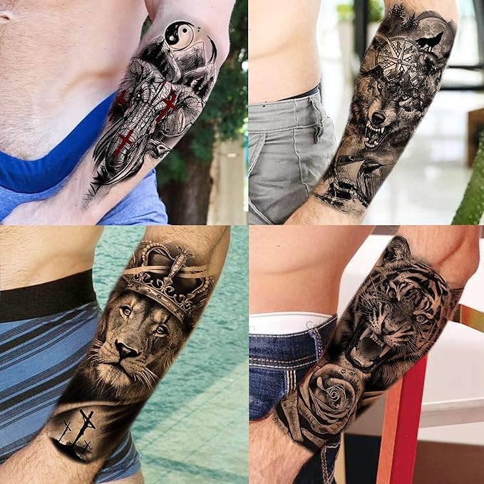 63 Sheets Tribal Wolf Lion Tiger Temporary Tattoos For Men Women Adults, Scary Halloween Skull Gangster Fake Tattoo Stickers Kids, Small 3D Realistic Tattoos Thigh Arm Neck Elephant Warrior