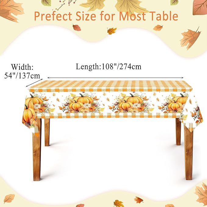 Mornajina 4Packs 108 x 54 Inch Thanksgiving Orange Gingham Tablecloth DisposableTable Cover Rectangle Plastic Table Cloth for Thanksgiving Table Decoration (Orange Gingham)