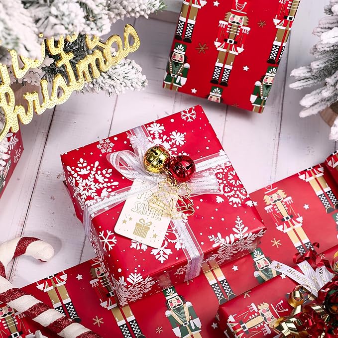WRAPAHOLIC 30 Inch Jumbo Reversible Nutcracker Christmas Wrapping Paper - 30 Inch x 100 Feet Jumbo Roll Red Nutcracker and Snowflake Wrapping Paper for Christmas, Holiday, Party
