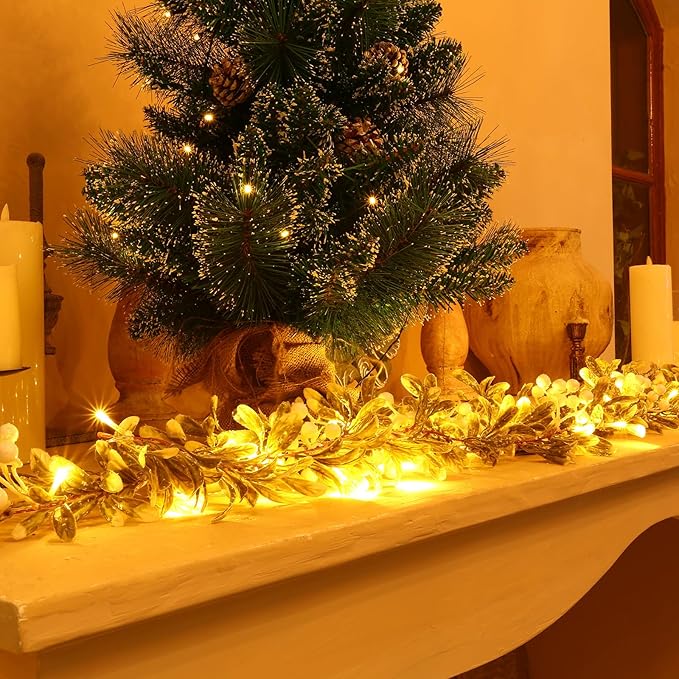 Joyhalo Christmas Garland with Lights Battery Operated - 5.9ft 20 LED White Berry Lighted Christmas Garland, Christmas Decorations Prelit Garland Indoor Outdoor Fireplace Stairs Railing Mantle Decor