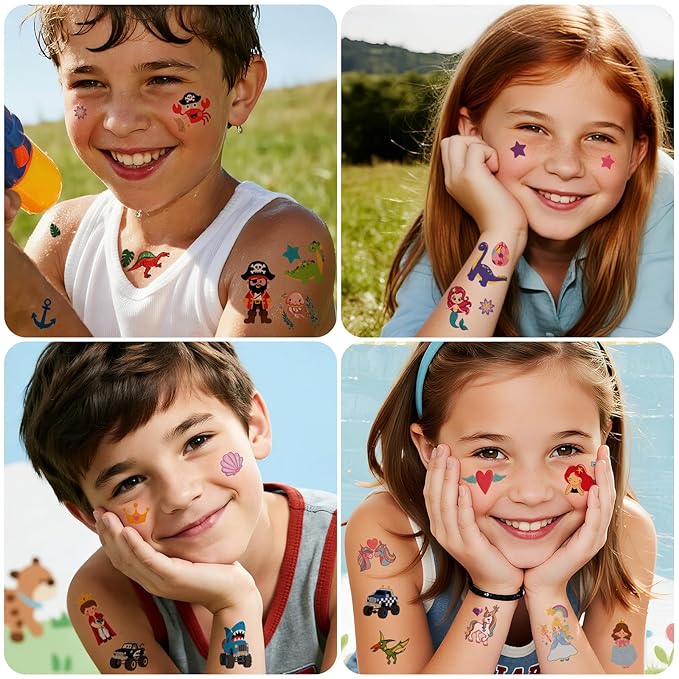 326+ PCS 60 Sheets Mixed Styles Temporary Tattoos for kids - Cute Watercolor Animals Tattoos Stickers with Mermaid Truck Dinosaur Space Pirate for Girls Boy Body Arm Birthday Party Supplies Gifts