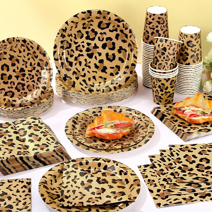 250 Pcs Leopard Print Plates Napkins and Cups Cheetah Print Party Decoration Tableware Safari Animal Leopard for Birthday Baby Shower Party Favors Jungle Theme Supplies Serve 50 Guests
