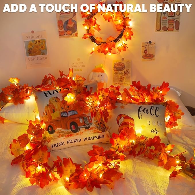 suddus Fall Garland with Lights Battery Operated, 20 LED Lighted Orange Fall Leaf Garland, Thanksgiving Fairy String Lights with Remote for Table, Mantle, Office, Porch, Halloween, Home Decoration