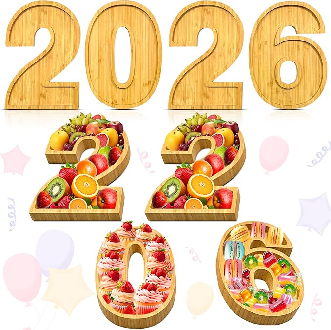 4 PCS 2026 Charcuterie Boards Wooden Numbers Fillable Boxes Reusable Christmas Serving Tray for Party Tabletop Decoration Fruits Platters Dish Plates for Birthday Wedding 2026 New Year Holiday Supply