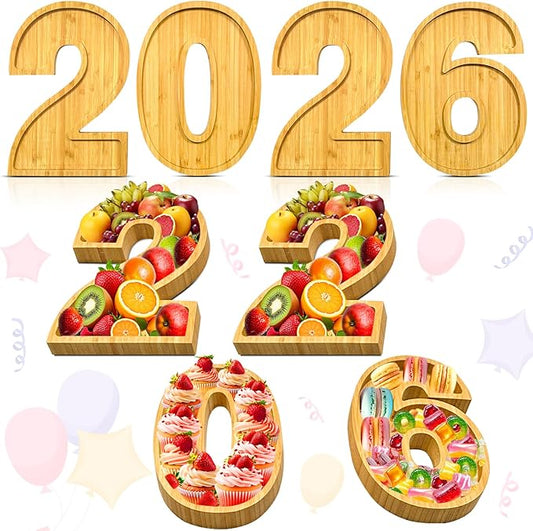 4 PCS 2026 Charcuterie Boards Wooden Numbers Fillable Boxes Reusable Christmas Serving Tray for Party Tabletop Decoration Fruits Platters Dish Plates for Birthday Wedding 2026 New Year Holiday Supply