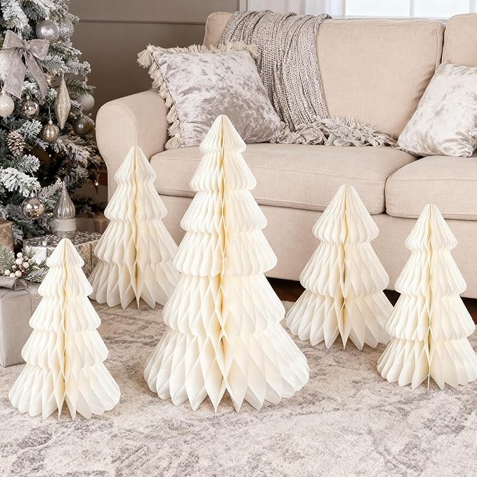 Christmas Table Decorations Indoor, 5 Pcs Extra Large White Honeycomb Paper Christmas Trees, Vintage Table Centerpieces Decorations for Xmas Winter Wonderland New Year Party Weddings Home Decor