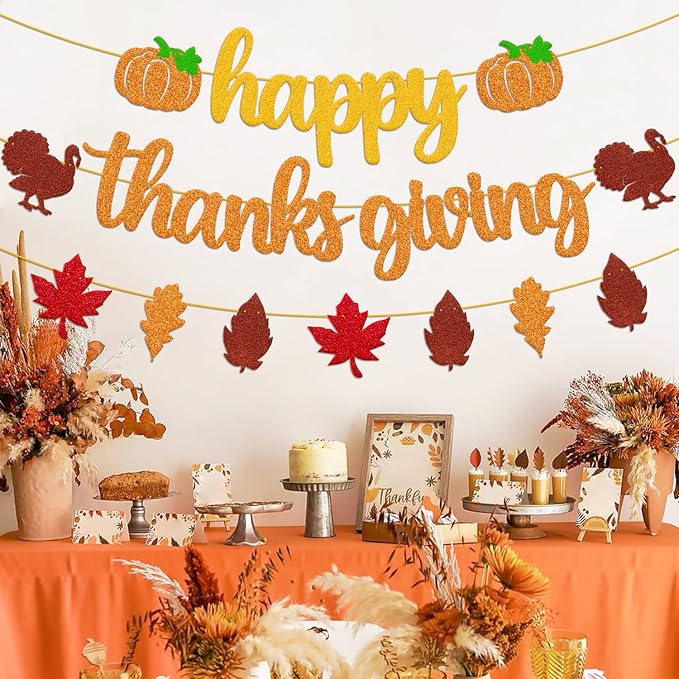 Happy Thanks Giving Banner Fall Leaves Garland Thanksgiving Day Autumn Turkey Theme for Happy Thanksgiving Party Glitter Gold Decoration