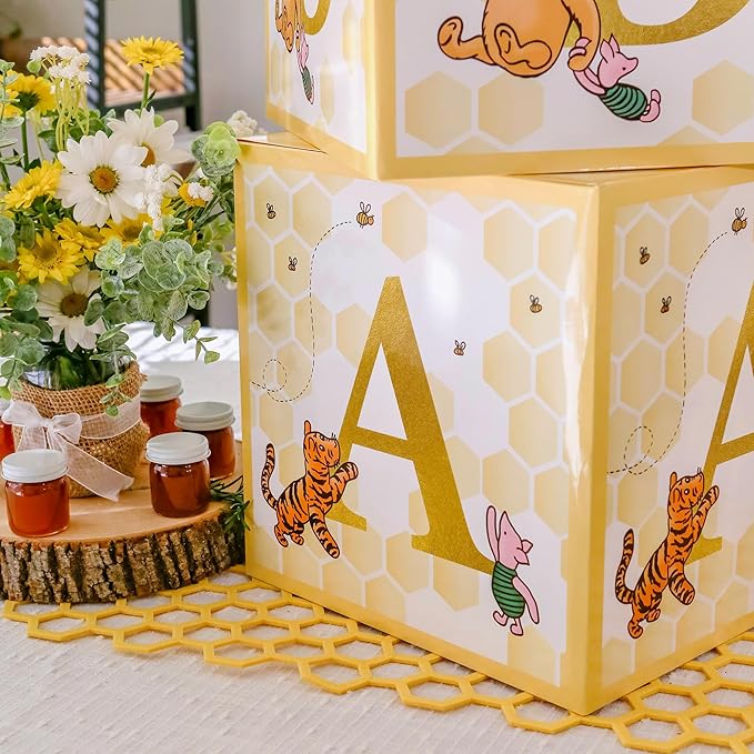 Kate Aspen A Little Honey Is On The Way Winnie Baby Boxes with Letters for Baby Shower, Classic Bear Gender Reveal Decorations, Table Centerpiece, Set of 4 Stackable Boxes
