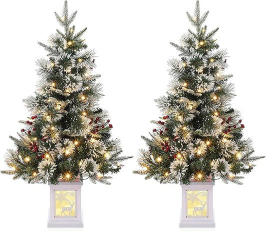 3 ft Mini Christmas Tree with Premium 78 Warm White Led, 8 Mode Xmas Pine Tree for Christmas Decoration, Party Decoration, Home, Office, Snow Flocked White Moose Base 2 Pack