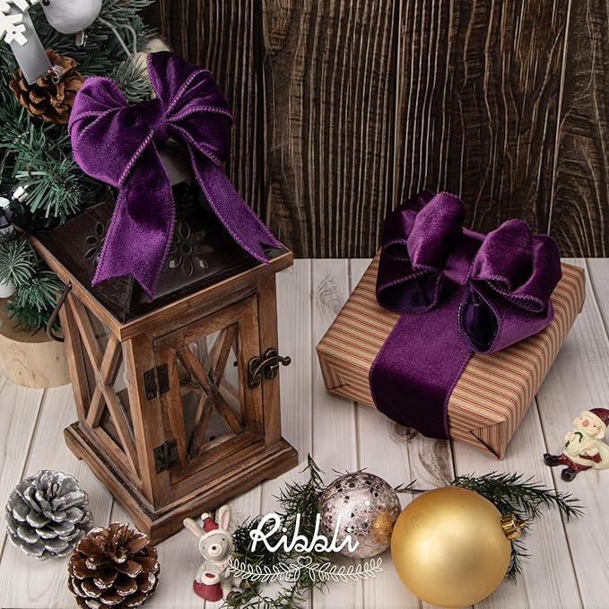 Ribbli Purple Velvet Wired Ribbon 1.5 Inch Velvet with Satin Christmas Ribbon for Gift Wrapping Christmas Tree Decoration Crafts Wreaths Supplies-Continuous 10 Yards
