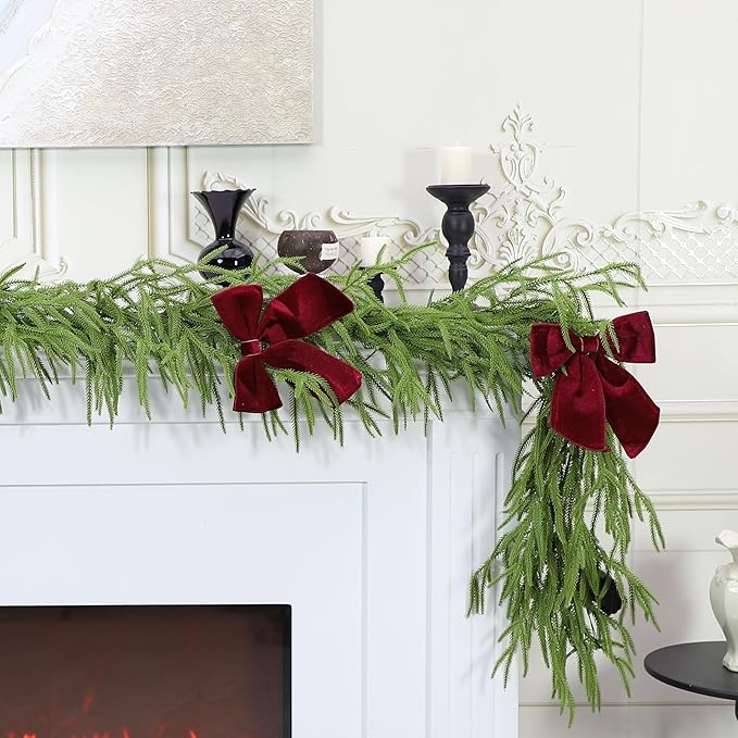 9ft Christmas Garland with Lights,Lighted Norfolk Pine Garland for Mantle,Prelit Real Touch Artificial Green Christmas Winter Garland with Large Burgundy Velvet Bow for Indoor Outdoor Decor