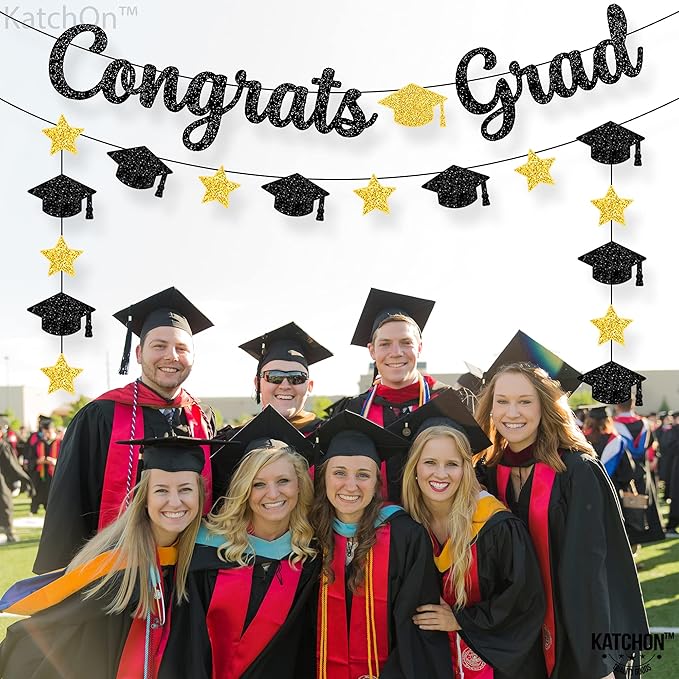 KatchOn, Glitter Black and Gold Congrats Grad Banner - 10 Feet | Black and Gold Graduation Banner, Cap Garland for Graduation Decorations 2025 | 2025 Grad Party Decorations