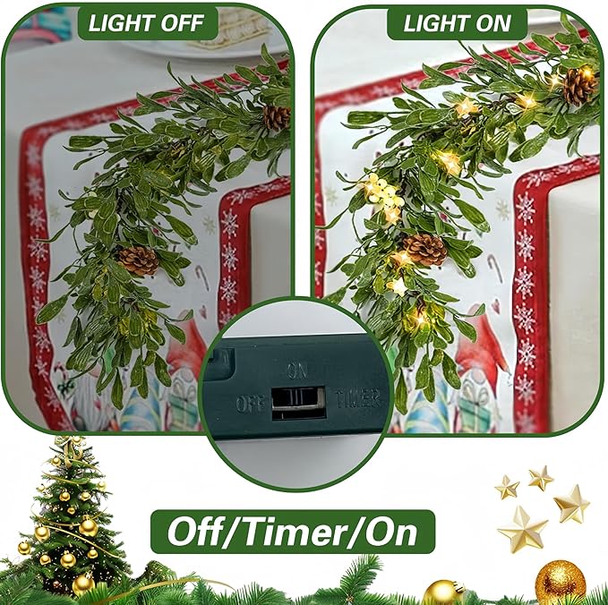6FT Lighted Garland Christmas with Timer, Faux Cedar Garland Realistic with Berry Pinecone,Xmas Vines for Fireplace Indoor Outdoor Winter Decor