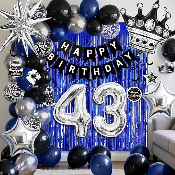 43rd Birthday Decorations for Men and Women, Black Blue Silver Happy Birthday Number 43 Balloons, Banner, Fringe Curtains Garland Kit - 43 Year Old Party Supplies
