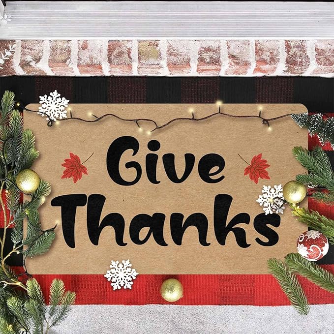 InterestPrint Fall Thanksgiving Welcome Door Mat, Give Thanks Doormat for Front Door Outdoor Outside Entrance Porch Non Slip Rubber Rug Autumn Thanksgiving Christmas Farmhouse Decor, 30"x18"inch