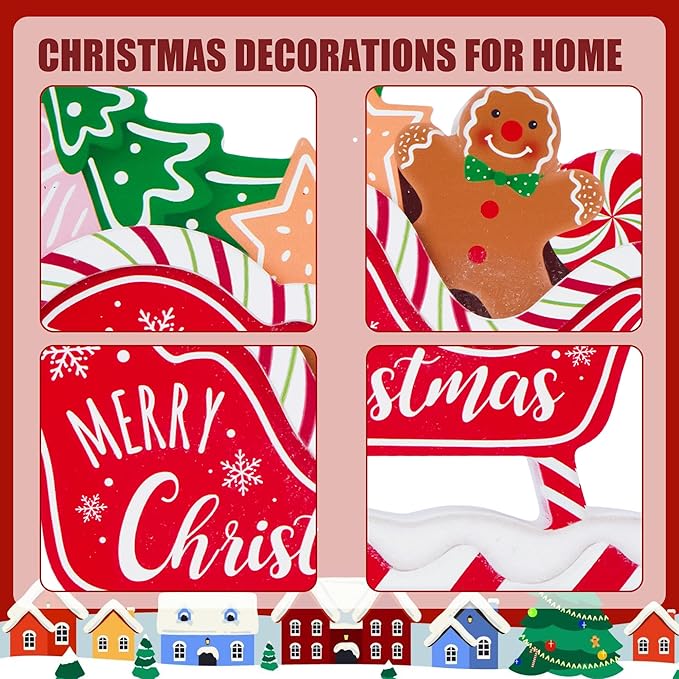 Christmas Decorations for Home Farmhouse Gingerbread Sleigh Decor Indoor Wooden Merry Christmas Sign Rustic Winter Vintage Holiday Block Tabletop for Kitchen Xmas Party Mantel Tiered Tray Gift