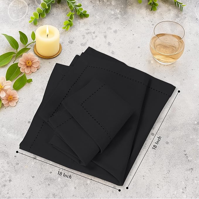 Ruvanti Cloth Napkins - 100% Cotton Dinner Napkins, Hem Stitched Corners, 18x18 Inch, 12 Pack - Soft, Absorbent, Durable, Reusable, Wrinkle Resistant for Formal Dining & Everyday Use - Black Beauty