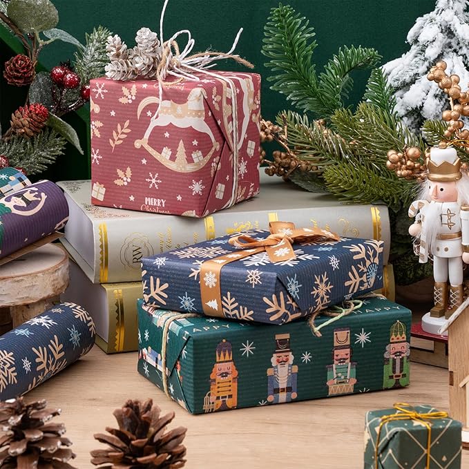 RUSPEPA Christmas Kraft Wrapping Paper Roll - Nussknacker Solider, Trojan Horse, Ballet Girl and Snowflake Design - 17 inches x 10 feet per Roll, Total of 4 Rolls