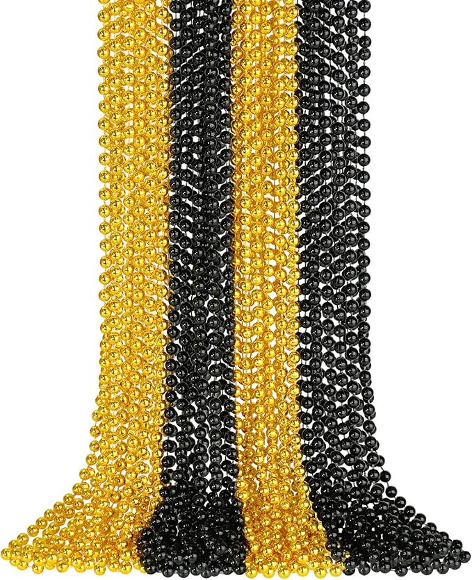 24 PCS New Year Eve Necklaces, Gold Black New Year Necklaces, 33 Inch 7 mm Round Happy New Year Necklace Accessories, 2025 New Year Party Beads for New Year's Day, Christmas, Carnival Party Favors