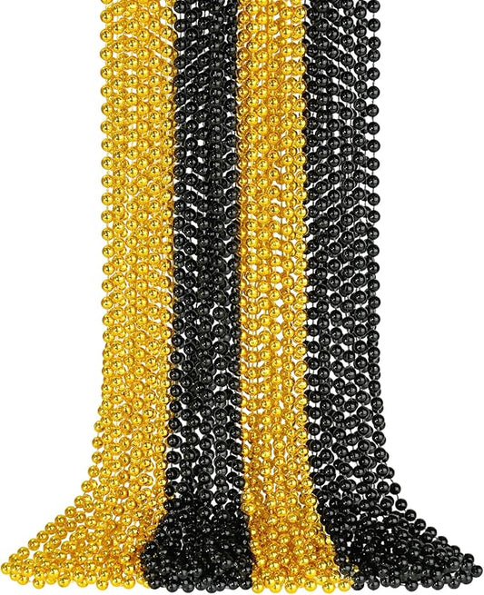 24 PCS New Year Eve Necklaces, Gold Black New Year Necklaces, 33 Inch 7 mm Round Happy New Year Necklace Accessories, 2025 New Year Party Beads for New Year's Day, Christmas, Carnival Party Favors