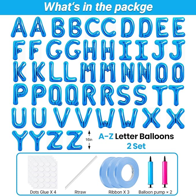 LIOZEOKUN Letter Balloons 16 Inch Alphabet A-Z Mylar Foil Balloons 2 Set for Wedding Birthday Party Decoration Banner Custom Phrase 52 Pcs