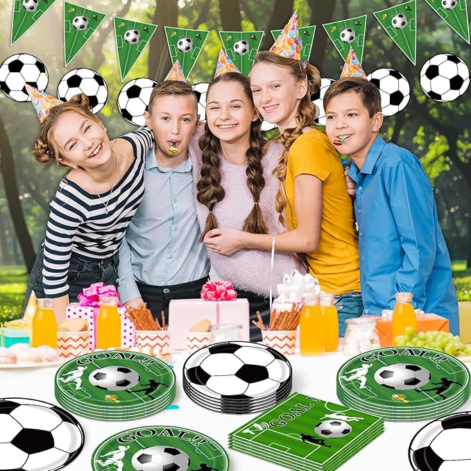 168 Pcs Soccer Theme Party Supplies Set, Plates, Cups, Napkins, Tablecloth and Banner, Sports Birthday Decorations for 24 Guests