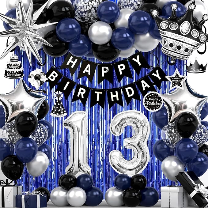 13th Birthday Decorations for Boys and Girls, Black Blue Silver Happy Birthday Number 13 Balloons, Banner, Fringe Curtains Garland Kit - 13 Year Old Party Supplies