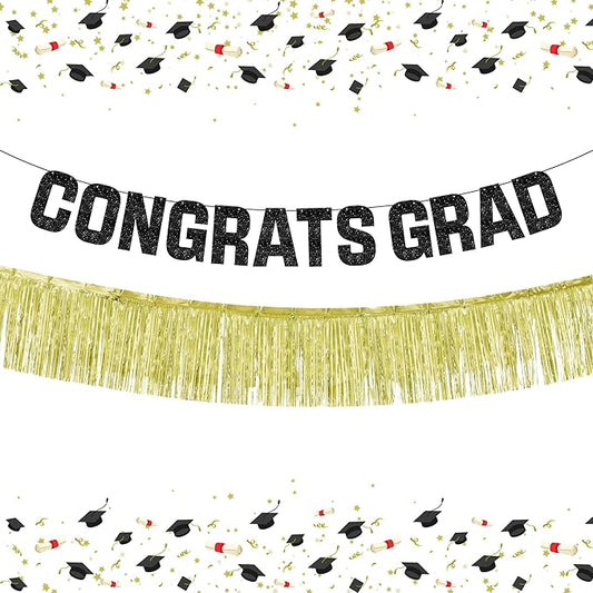 KatchOn, Congrats Grad Banner Gold Set - 6.5 Feet | Black and Gold Graduation Decorations 2025 | Gold Foil Fringe Curtain, Congrats Grad Sign For Backdrop | gold Fringe Backdrop