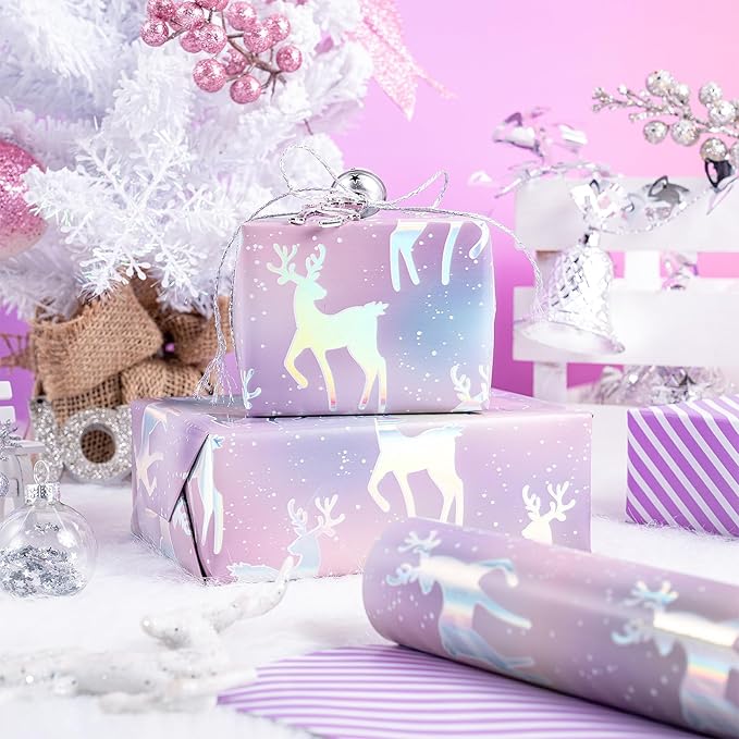 RUSPEPA 30" X 32.8' Reversible Christmas Wrapping Large Paper Roll, Colorful Foil Pastel Reindeer Design and Purple Stripes, Dreamy Gift Wrap for Girls, Women, Friends, Xmas Holiday Gifts
