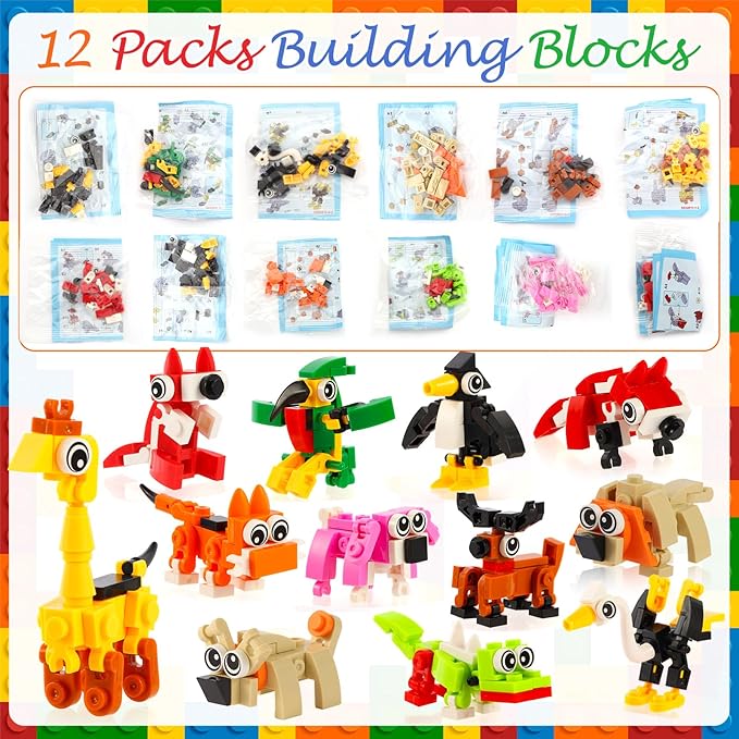 LiYiQ 134 Pcs Building Blocks Party Favors with Reusable Drinking Straws Animal Building Blocks Slap Bracelets Keychains Stamps Stickers and Gift Bags Gamer Birthday Party Supplies (Building)