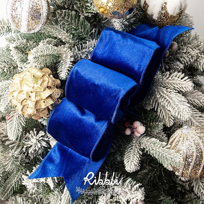 Ribbli Royal Blue Velvet Wired Ribbon 4 Inch Velvet with Satin Christmas Ribbon for Gift Wrapping Christmas Tree Decoration Crafts Wreaths Supplies-Continuous 10 Yards