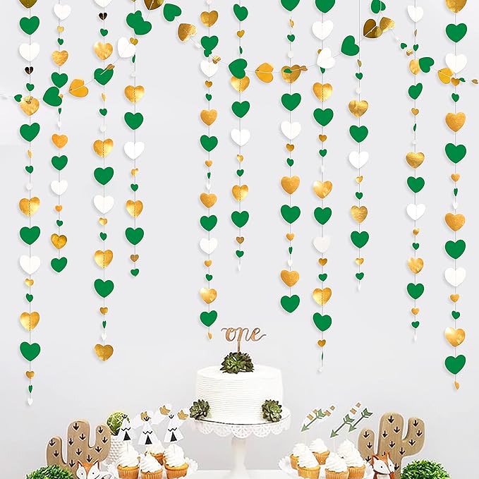 Valentines Day Party Decorations Green Gold and White Love Heart Garland Hanging Streamer Banner for Spring Summer Anniversary Engagement Wedding Bridal Baby Shower Birthday Mothers Day Party Supplies