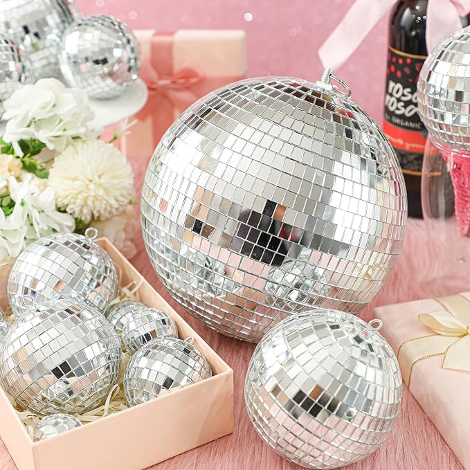 Haull 8 Pcs Large Disco Ball Set Silver Mirror Disco Reflective Ball with Hanging Ring Party Ornament Decoration for Stage Club Ballroom Dance Hall Wedding Prom Props(12'', 8'', 6'', 4'')