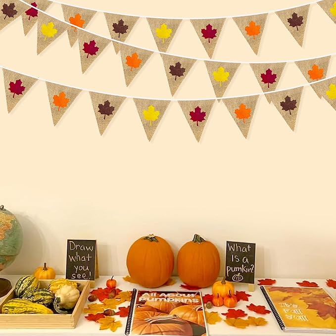 24Ft Fall Burlap Banner Fall Maple Leaves Burlap Pennant Triangle Flag Garland Streamers Vintage Fireplace Wall Hanging for Fall Party Decorations Happy Fall Day Rustic Autumn Birthday Decorations