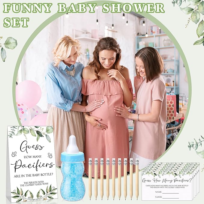 Roowest 512 Pcs Baby Shower Games Guess How Many Pacifiers Sign 100 Small Guessing Games 10 HB Pencils 750ml Milk Bottle 400 Acrylic Pacifiers Decoration for Guest Gender Reveal(Blue,Plant)