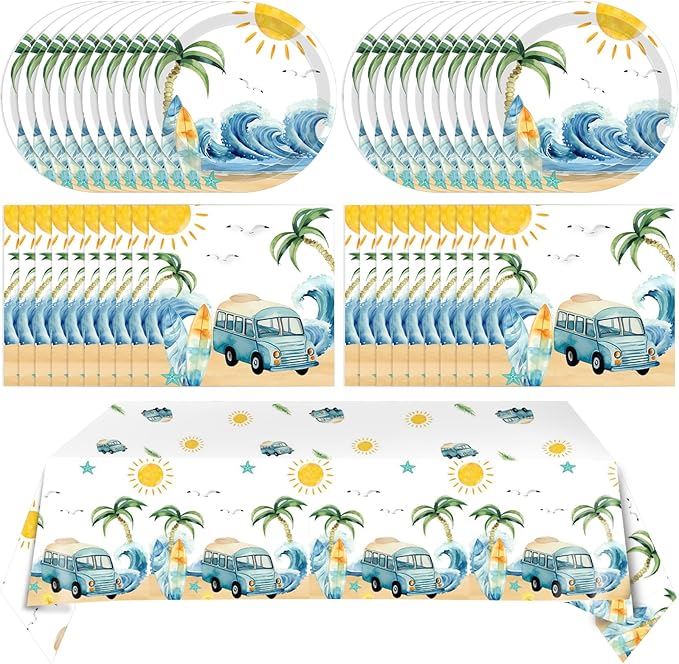 41Pcs Summer Beach Surf First Birthday Decorations for Boy,The Big One Birthday Party Supplies Dessert Plates Napkins Tablecloth丨 Surfs Up Baby Boy First Birthday Decorations,Serves 20