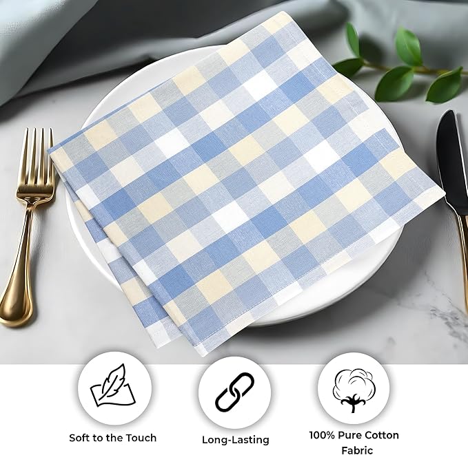 Urban Villa Cloth Napkins 100% Cotton Dinner Napkins Highly Absorbent 20x20 Inches (Set of 12) Blue Sand Buffalo Checks Reusable Washable Soft Durable Premium Quality Ideal for Home Wedding Parties