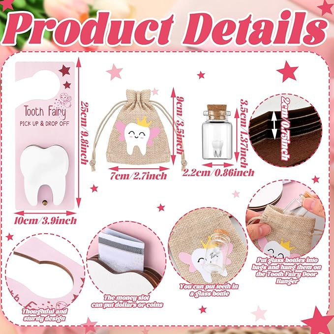 Tooth Fairy Holder Bag Hanger with Money Slot Keepsake Bottle Velvet Pouch Tooth Fairy Box Encourage Gift for Lost Teeth Boy Girl Milk(Classic,Pink Brown)