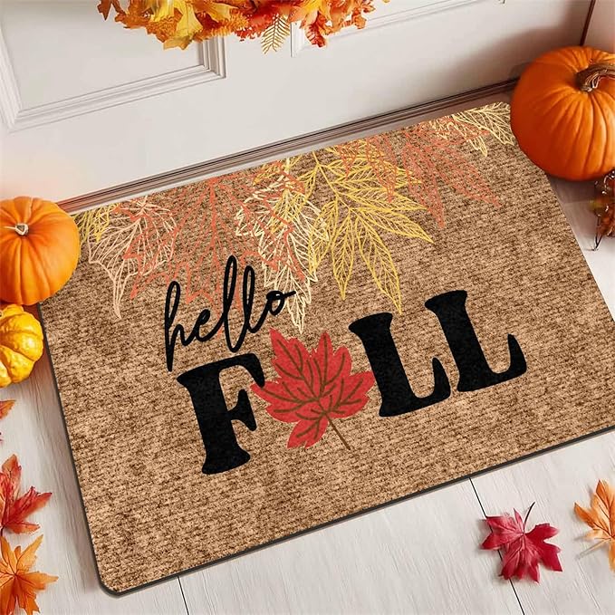 Hello Fall Door Mat, Fall Maple Leaves Welcome Mat for Indoor Outdoor Entrance Floor Mats Non Slip Vintage Doormat for Autumn Halloween Thanksgiving Farmhouse Decor, 24"x16"inch