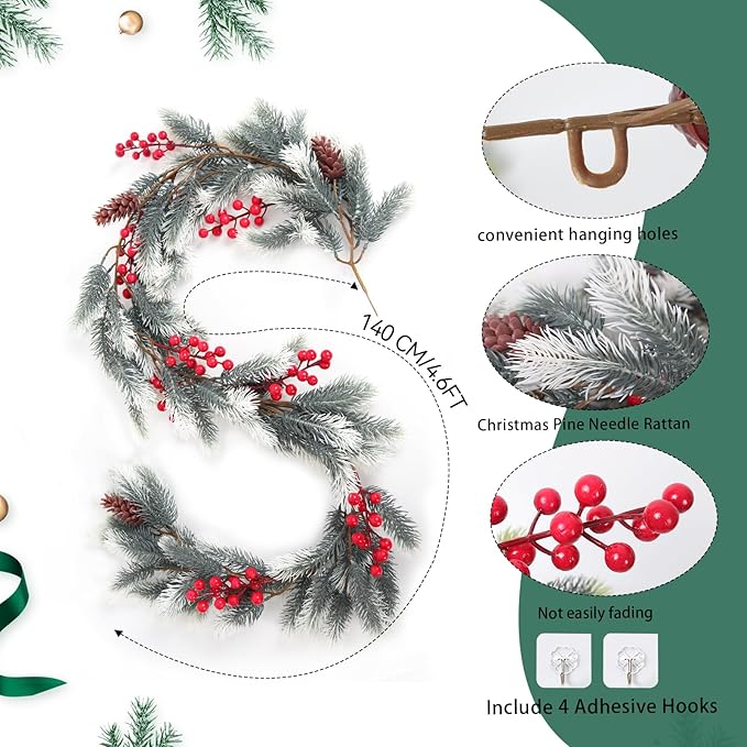 RECUTMS Evergreen Pine Needle Vine Red Berry Christmas Fireplace Decor Winter Berry Garland Pinecones for Crafts Christmas Picks Faux Garland Ideal for Living Room and Corridor Seasonal Decor(White)