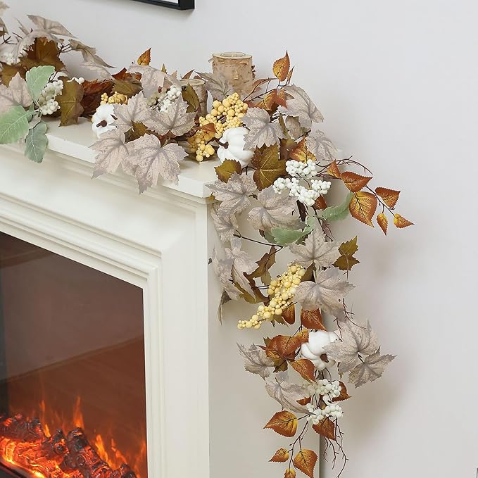 MIZII Fall Decor Artificial Maples Leaf Pumpkin Garland 6FT Autumn Maple Vines Garland Thanksgiving Halloween Harvest Decorations for Home Porch Mantle Fireplace Farmhouse Outdoor Indoor (6FT,Fall)