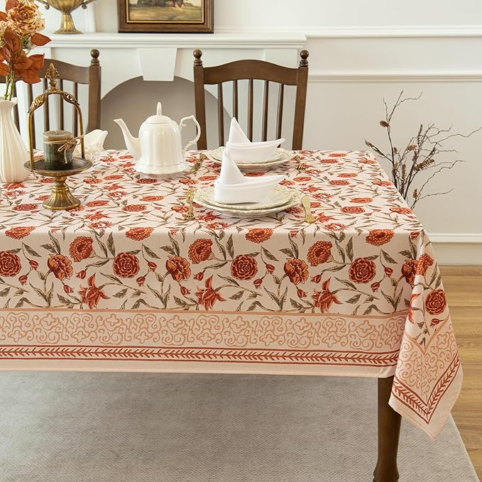 Valentine's Day Tablecloth Waterproof, Red Floral Farmhouse Tablecloth Vintage French Style Home Decor, Elegant Floral Design, Stain Resistant, Perfect for Dining & Kitchen, W52 x L70 inch