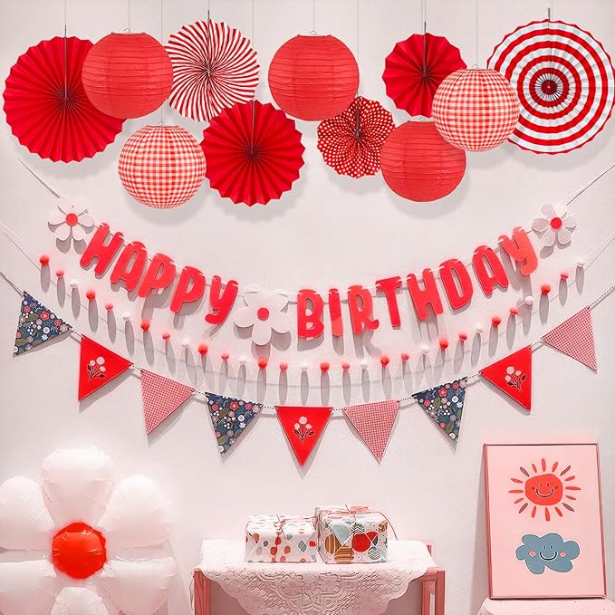 15Pcs Red Party Decorations Supplies Set, Hanging Red Paper Lanterns Paper Fans for Home Decor Birthday Wedding Graduation Picnic BBQ Baby Shower Pizza Party