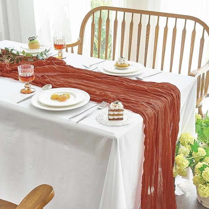 IVAPUPU 2 Pcs Cheesecloth Fall Table Runner - 10ft Terracotta Boho Gauze Cheese Cloth Table Runner for Baby Shower Decoration Wedding Party Summer Garden Farmhouse
