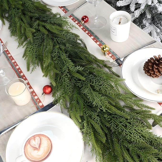 5FT Christmas Garland for Decoration Home Indoor Outdoor, Realistic Christmas Pine Garland Artificial Real Touch Greenery Cedar Garland Mantel Window Table Wall Holiday Thanksgiving Winter Xmas Décor