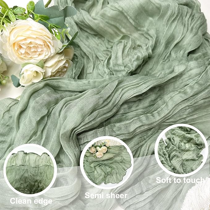 Booque Valley 3 Pack Sage Green Cheesecloth Table Runner 10ft Super Soft Boho Wrinkled Gauze Sheer Cloth for Baby Shower Baptism Birthday Party Wedding Centerpiece Table Decoration, 35x120 Inch