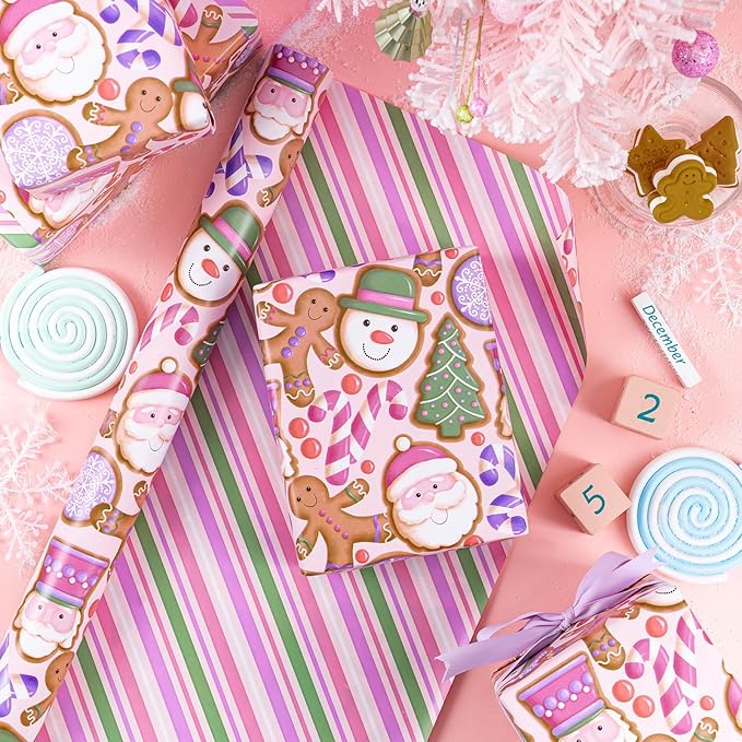WRAPAHOLIC 30 Inch Jumbo Reversible Gingerbread Christmas Wrapping Paper - 30 Inch x 33 Feet - Pink Purple Stripes and Gingerbread Wrapping Paper for Xmas Holiday, Party Celebration