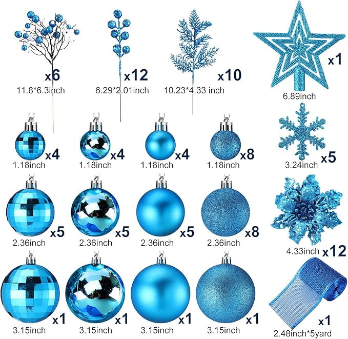 Sratte 94 Pcs Christmas Tree Decorations Set, Christmas Tree Ball Ornaments Glitter Poinsettia Flowers Decorations Glitter Berries Stems for Xmas Holiday Wedding(Lake Blue)