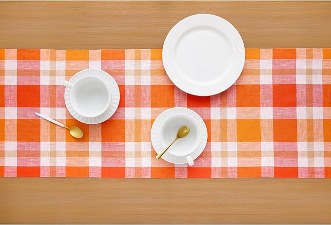 Solino Home Pure Linen Pumpkin Plaid Table Runner 14 x 72 Inch for Dining and Dresser – Autumn, Thanksgiving – Buffalo Check